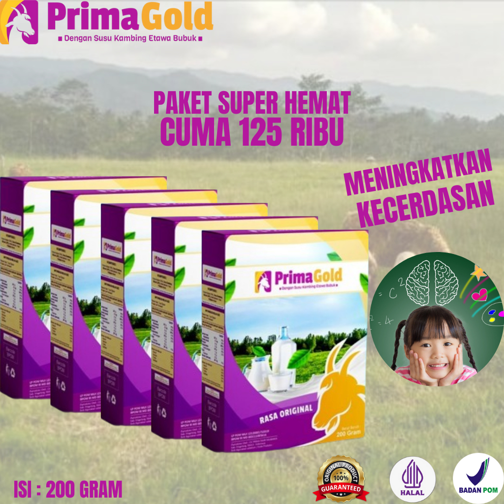 

Prima Gold 5 Box Susu Etawa Halal BPOM Suplemen Herbal Menambah Kecerdasaan Otak Anak Meransang Motorik