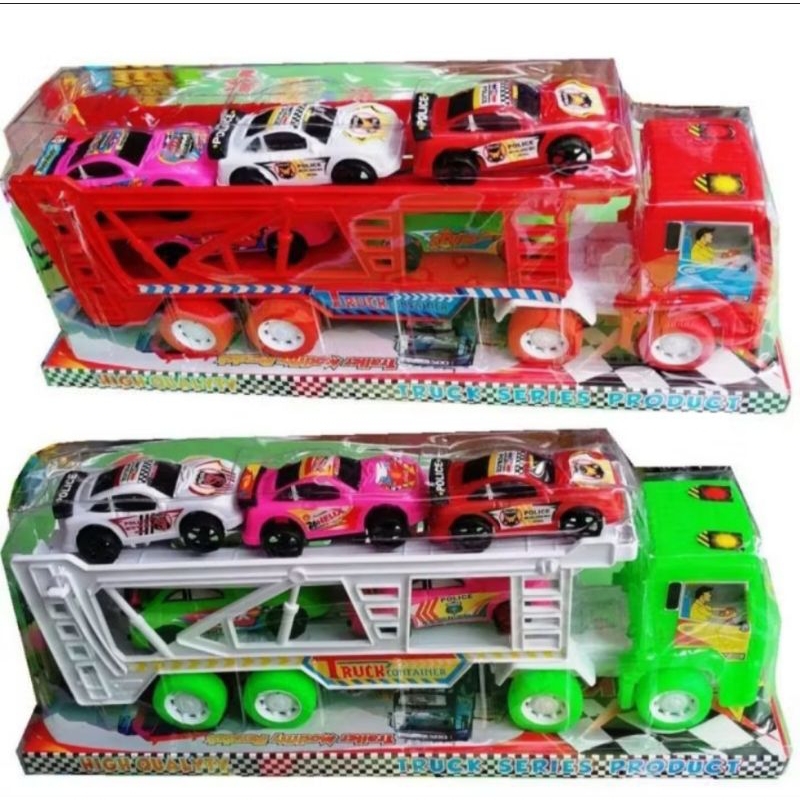 mainan anak mobil trailer truk kontainer + 5 mobil kecil