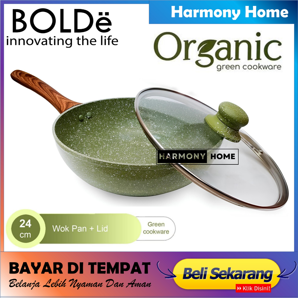 Bolde Organic Green Wok Pan 24 Cm+Tutup Kaca Panci Wajan Wok Anti Lengket