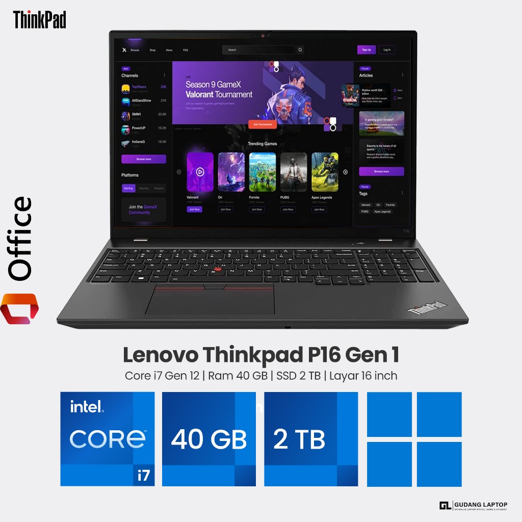 Laptop Lenovo Thinkpad T16 Core i7 GEN 12 RAM 40 GB SSD 1 TB layar 16 Inc