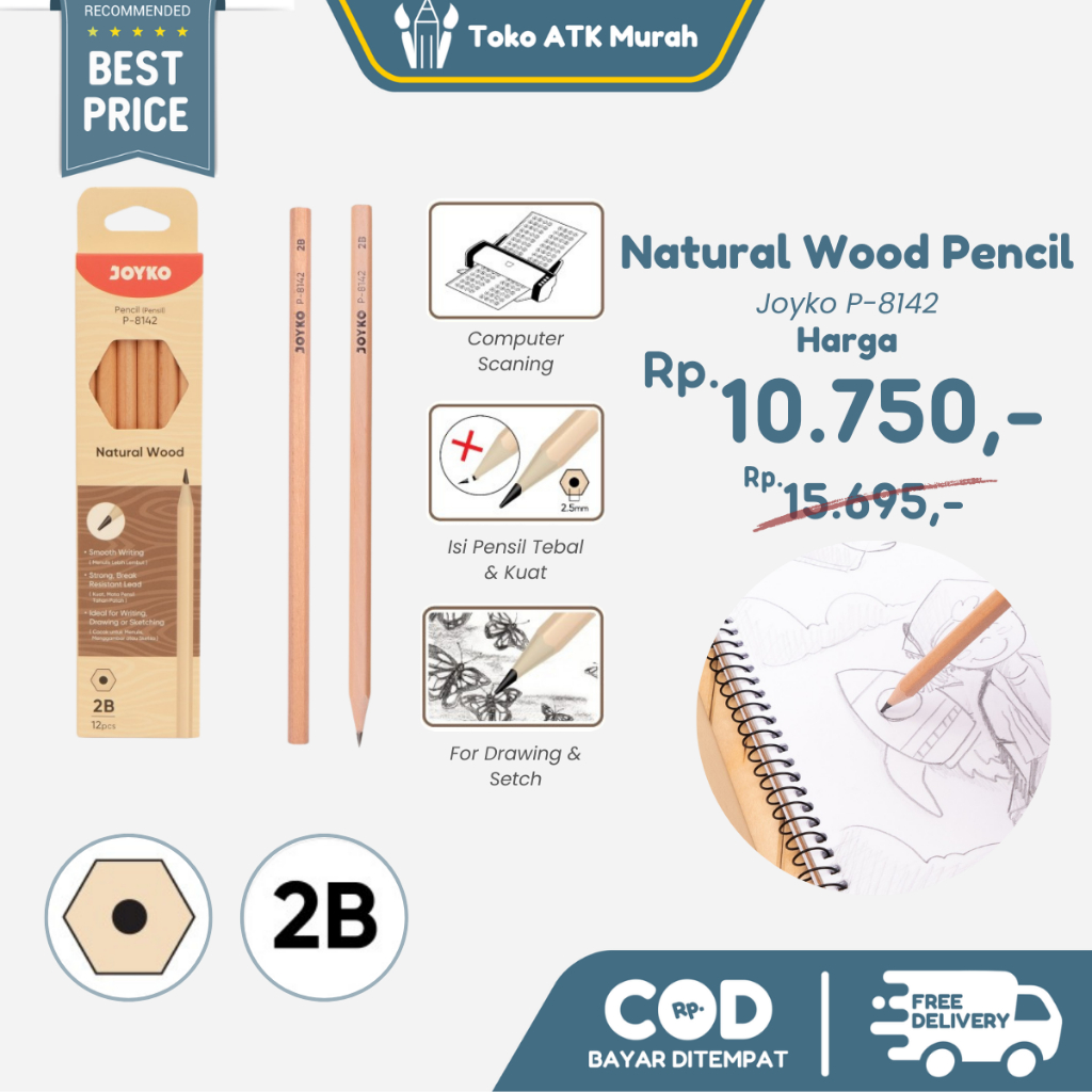 

1 BOX 12 PCS Pensil Joyko P-8142 Natural Wood 2B Pencil