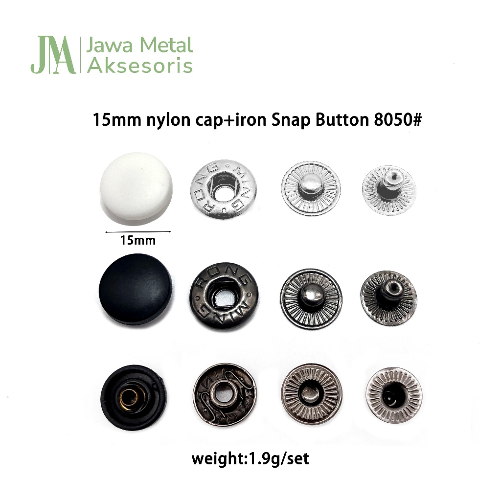 Jawa Nylon Cover + Iron Snap Button Kancing Jaket Cetet Jepret Hitam Putih Besi Nilon 15mm 8050#