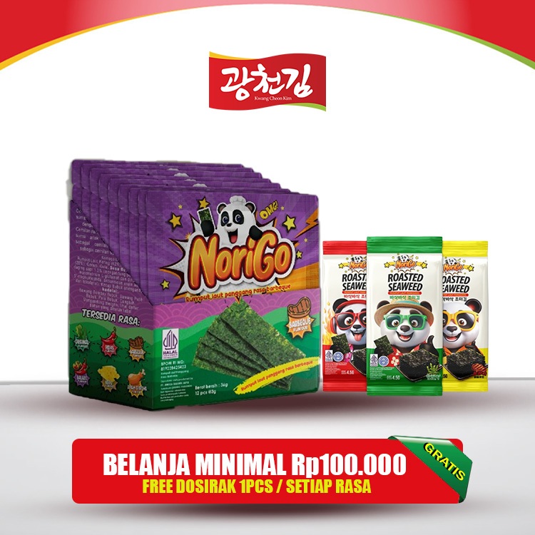 

KC. Norigo (1 BOX ISI 12 PCS) / Nori Sachet BBQ Seaweed Snack 3g Rumput Laut Halal Rasa BBQ