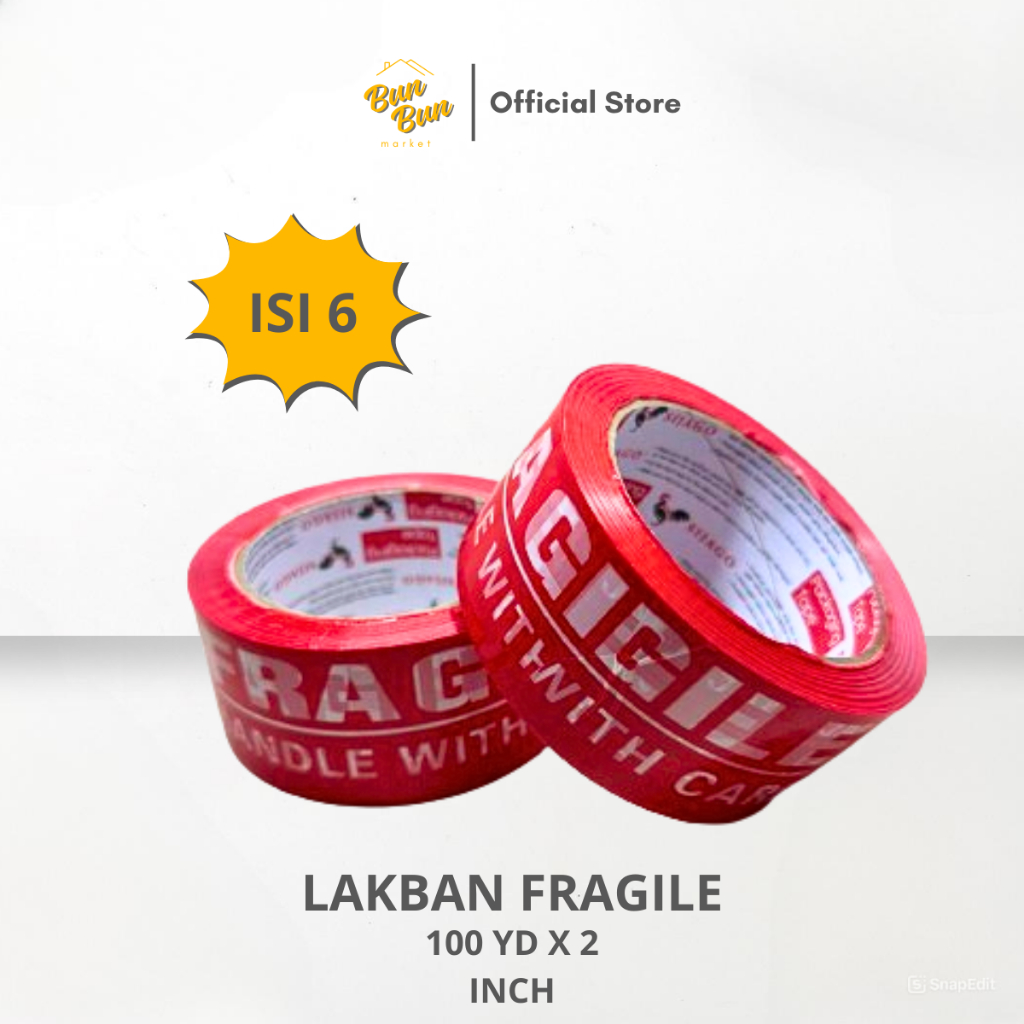 

SLOP ISI 6 / Lakban Fragile 100 Yard x 2 Inch Solasi Jangan Dibanting Merah Selotip Packing Murah Semarang Instan