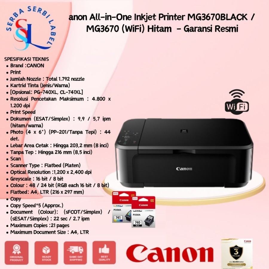 Canon All-in-One Inkjet Printer MG3670BLACK / MG3670 PUTIH (WiFi)
