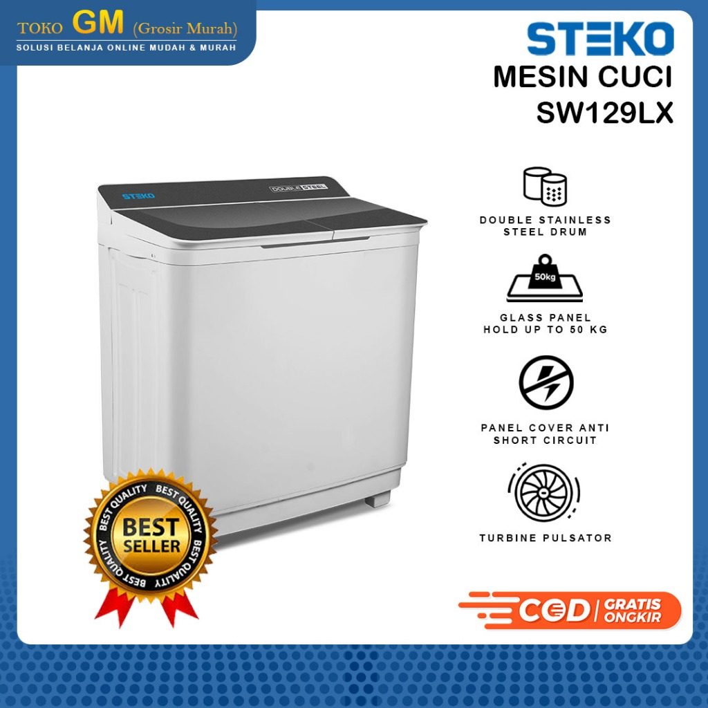 MESIN CUCI STEKO SW 129 LX - MESIN CUCI 2 TABUNG 12 KG DENGAN TUTUP KACA (TEMPERED GLASS DOOR) DAN D