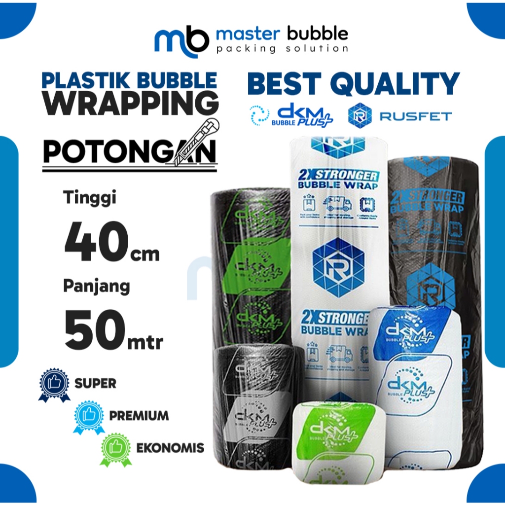 

Bubble Wrap DKM RUSFET Roll Potongan 40cm x 50meter Putih Bening & Hitam / Plastik packing Olshop