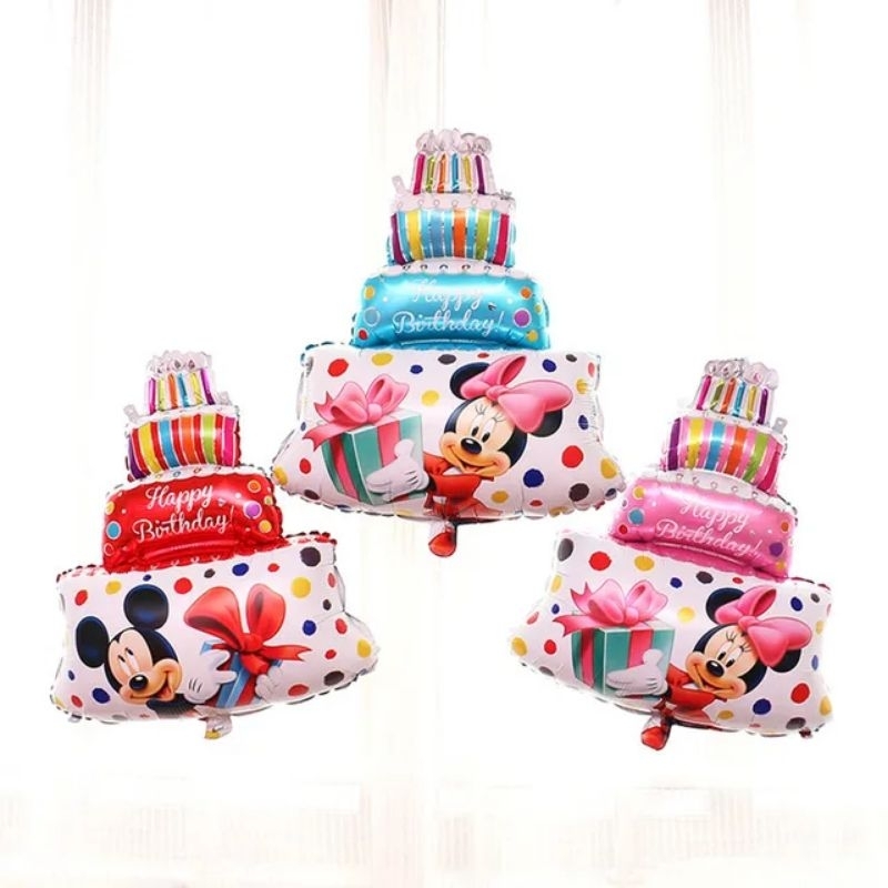 Balon Foil karakter cake / tart / kue happy birthday / bday / mickey minnie mouse pink merah biru ju