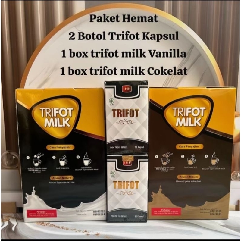 

Paket hemat 2 botol trifot kapsul dan 2 box trifot milk rasa Vanilla dan coklat susu penggemuk badan