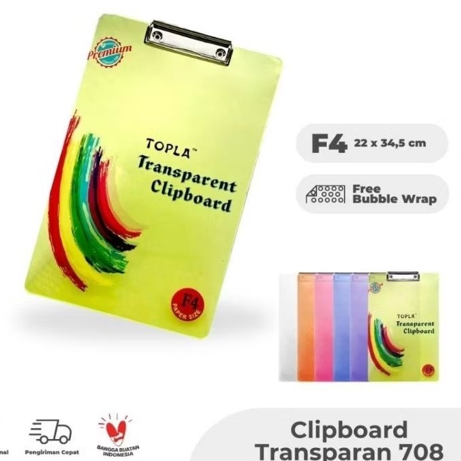 

topla clipboard 708 transparan papan alas ujian ukuran F4 Biru Hijau Pink Plastik Stationery