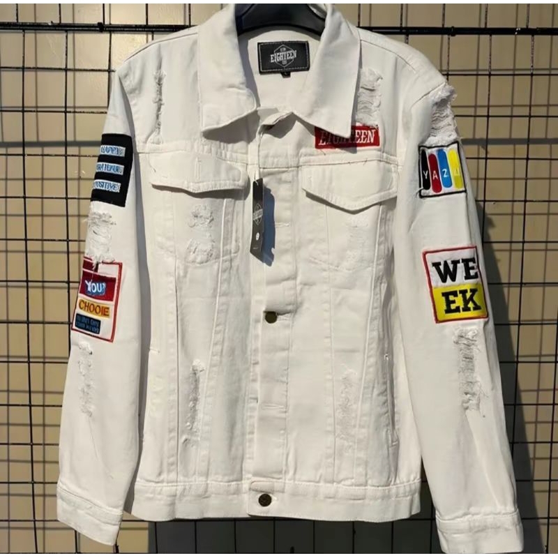 JAKET JEANS DENIM PUTIH panjang motif kerah casual pria cowok distro keren tebal