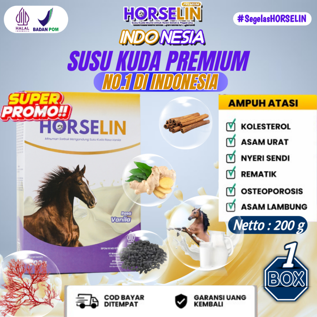

Horselin Susu Kuda Premium 200gr Original Asli Sumbawa Atasi Nyeri Sendi Pegal Linu Asam Urat 1 BOX