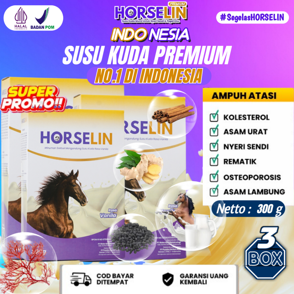 

HORSELIN PAKET 3 BOX Susu Kuda Premium Asli Sumbawa Atasi Nyeri Sendi Tulang 100% Original 300gr