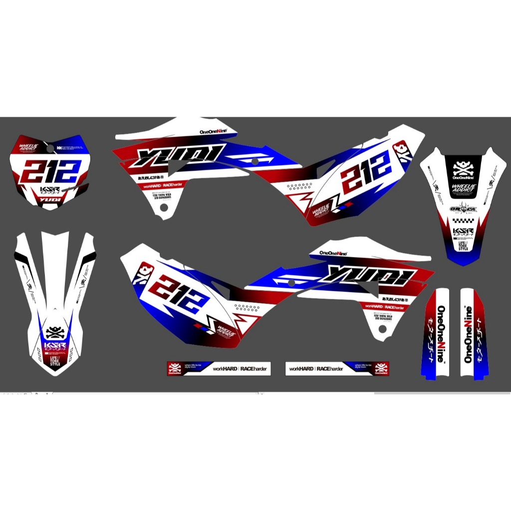 Decal KLX GORDON full body custom design warna putih list biru merah