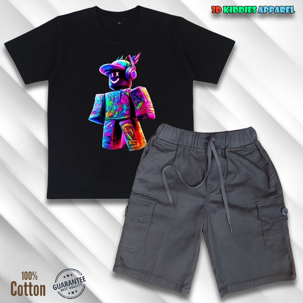 Setelan Anak Laki-Laki Baju Kaos 3D Motif Roblox dan Celana Cargo Pendek Hitam Keren
