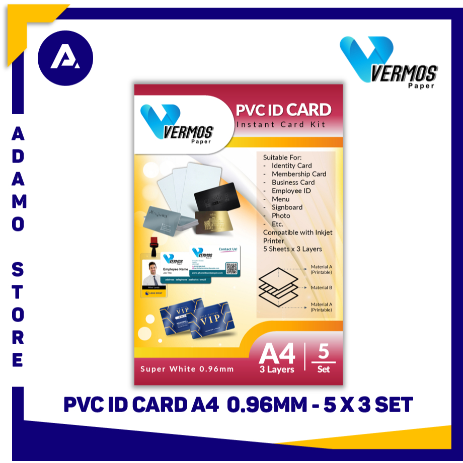 

PVC ID Card - Vermos Kertas PVC Super White Instant A4 0,96mm 5 Sheets x 3 Layers