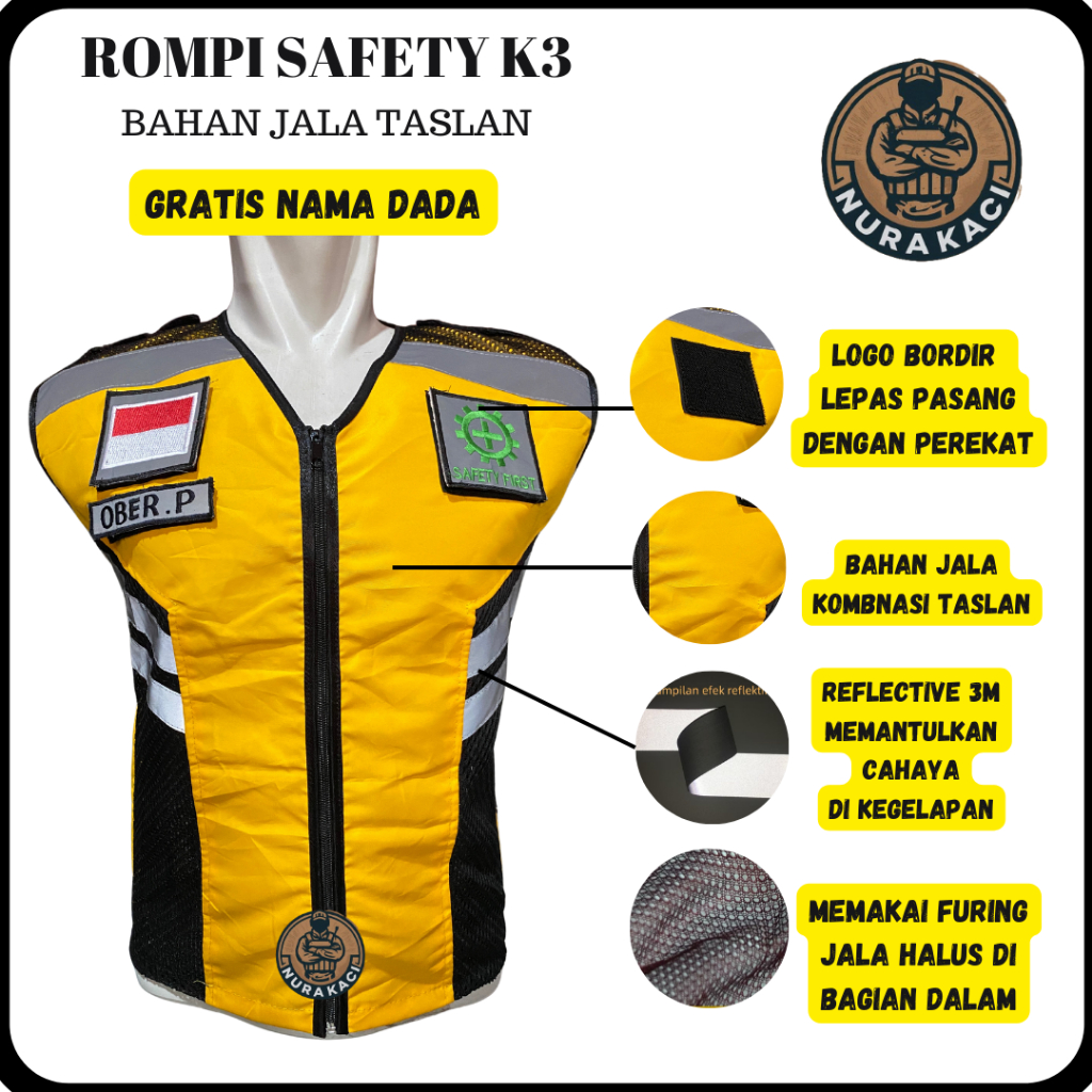 Free Nama Dada - Rompi Safety Vest K3 Pria Kerja Lapangan Taslan Kuning Terbaru All Size