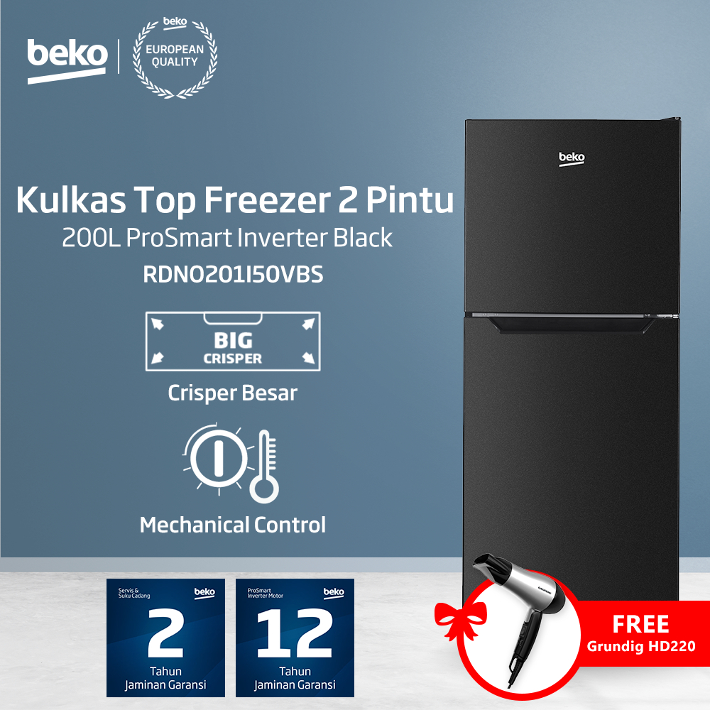 Beko Kulkas 2 Pintu RDNO201I50VBS - Kapasitas 180liter Inverter EER 2Star