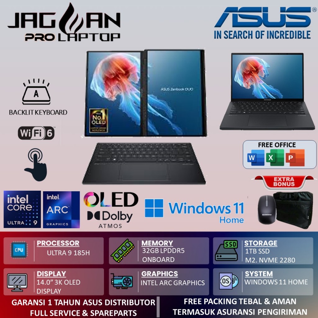 Asus ZENBOOK Pro Duo14 UX8406MA Intel ULTRA 9 185H DDR5 32GB 1TB Intel Arc 3K OLED Wuxga Touch 120Hz