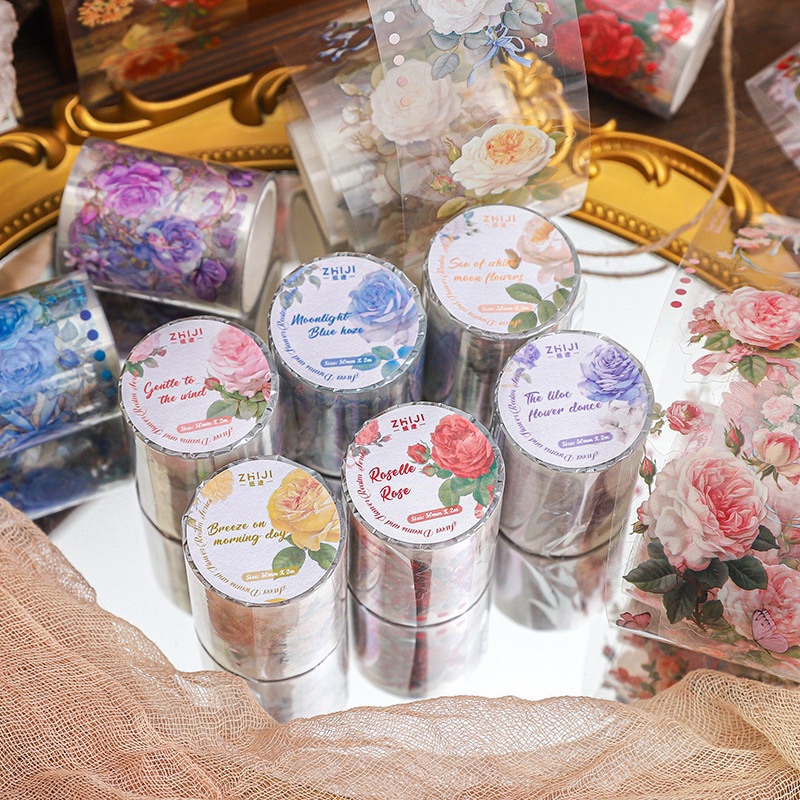 

(1BB) washi tape selotip transparan kiss cut bunga mawar colorful rose flower journaling