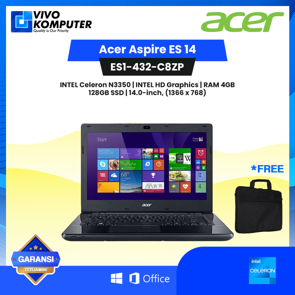 Acer Aspire ES 14 ES1-432-C8ZP - INTEL Celeron N3350 - INTEL HD Graphics - RAM 4GB - SSD 128GB - 14-