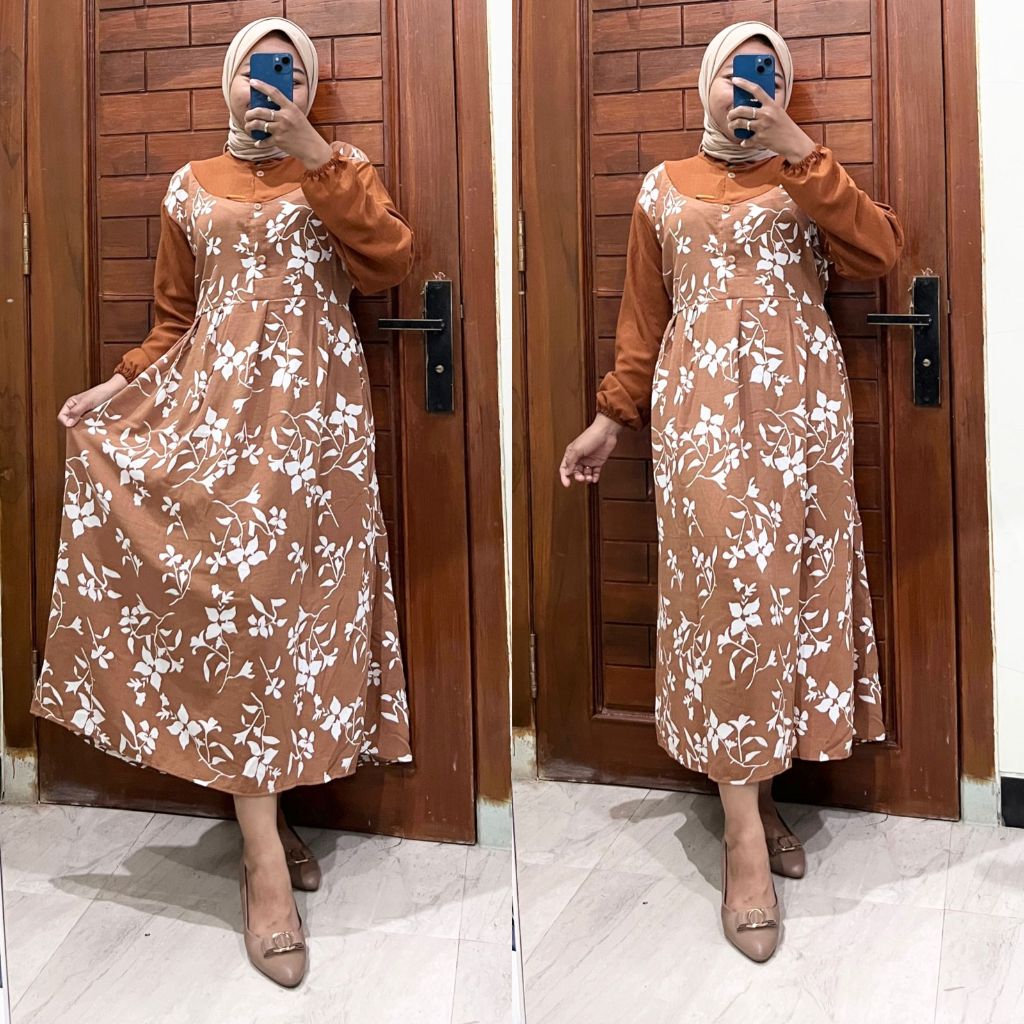 maygrosir.id Amira Midi Dress Crinkle Airflow Premium Motif Bunga Putih Baju Gamis Wanita Muslim