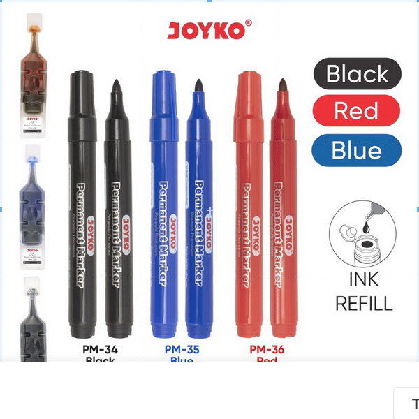 

( 1 PACK ) Permanent Marker PM-34 Black Spidol Permanen Round Tip Joyko Refillable 1 PACK ISI 12 BIJI