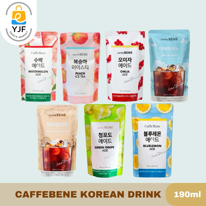 

Caffe Bene Ice Drink Pouch / Kopi Korea Pouch / Korean Drink / Watermelon Ade / Peach Ice Tea Ade / Omija Ade / Lemon ade / Americano Coffe Kemasan Pouch 190ml