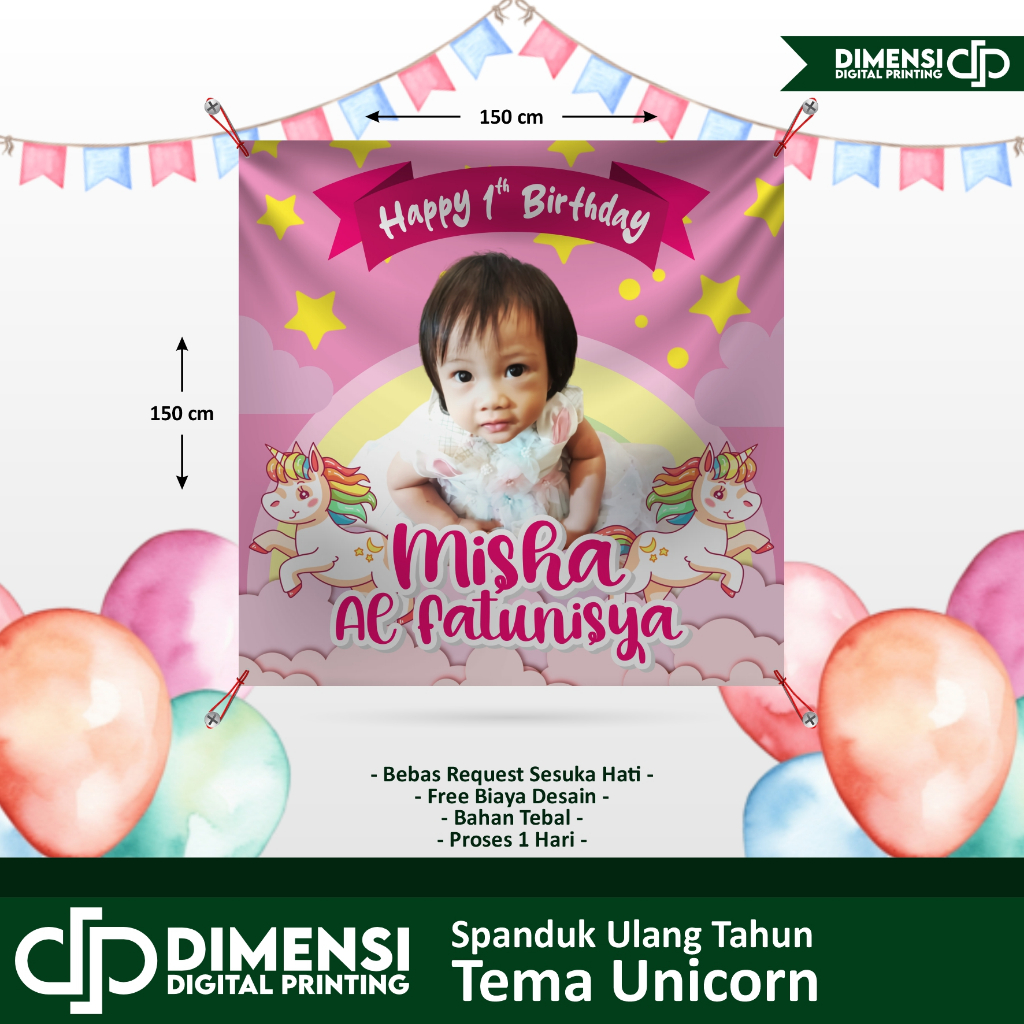 spanduk ulang tahun anak tema UNICORN / spanduk ultah unicorn / spanduk unicorn kuda poni
