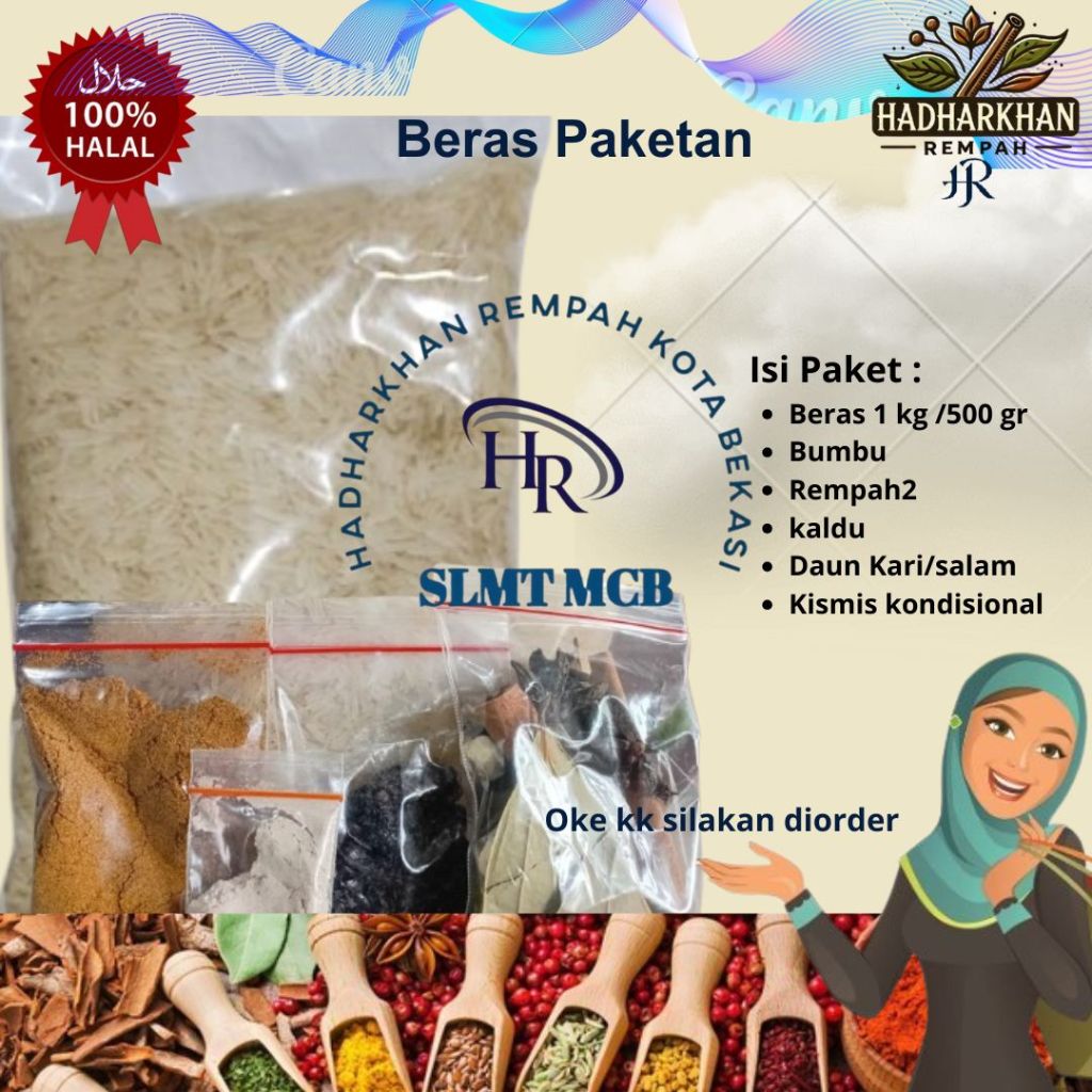 

Beras basmati 1 Kg Paketan Bumbu kebuli, rempah, kaldu, daun kari/salam koja dan kismis kondisional