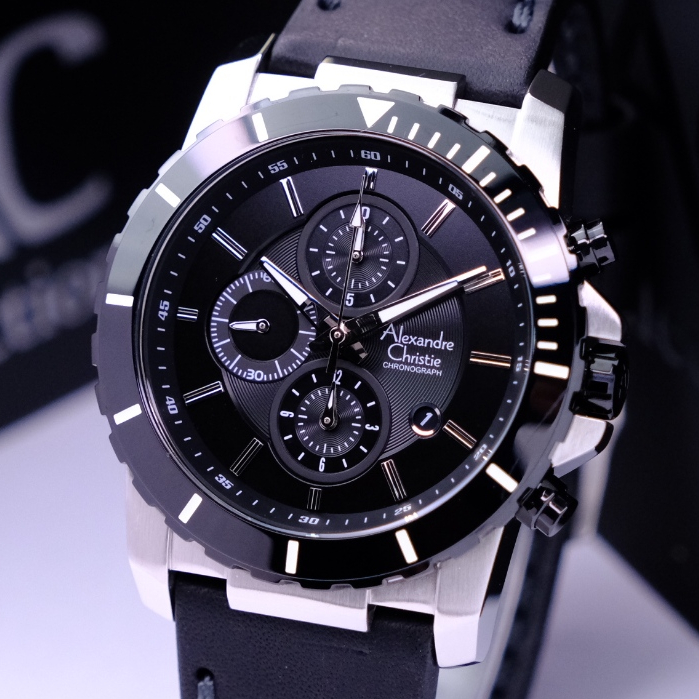 Alexandre Christie Pria Terbaru Chrono Series Original Warna Black Silver Kulit - AC6141 MC