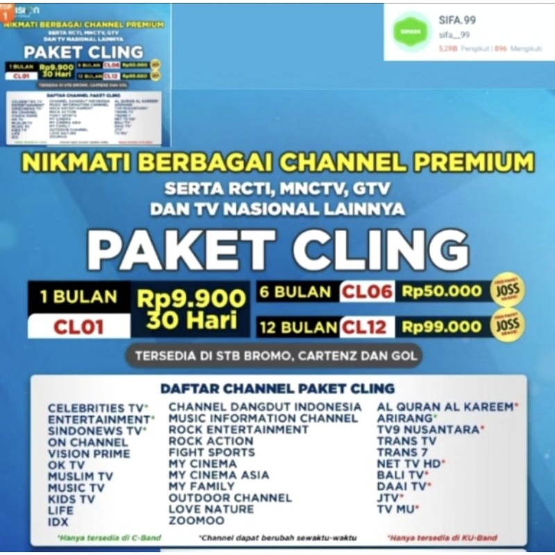 Paket Cling 1tahun k vision Bromo Cartenz & GOL Gardiner Optus & LGsat lengkap k vision