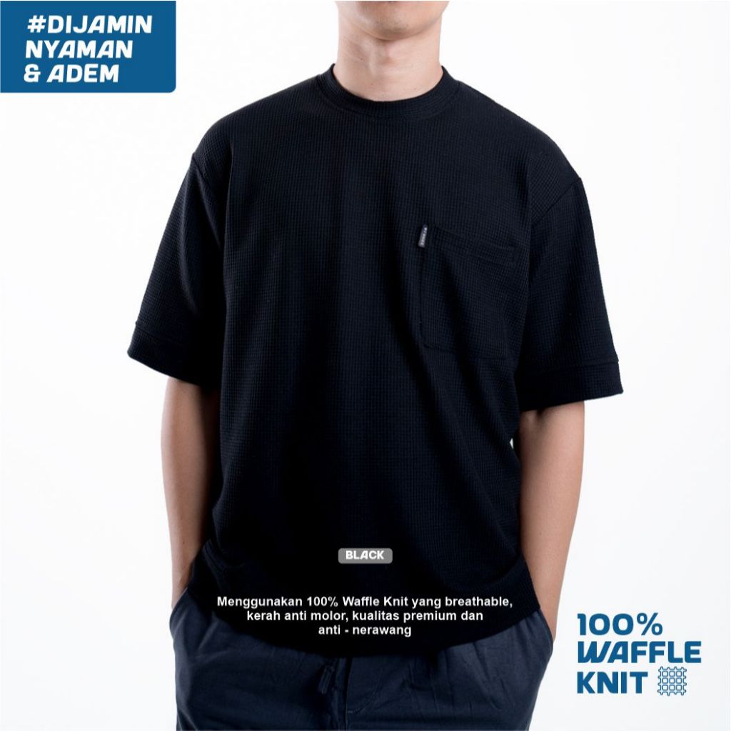 Zonkas Athen - Baju Kaos Oversize Pria Wanita Knit Waffle Polos Hitam Black - Adem Anti Kusut
