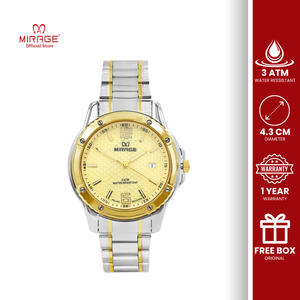 Mirage Jam Tangan Pria Original Analog Silver Gold Tanggal Aktif Sporty Kasual 8804 M Tahan Air