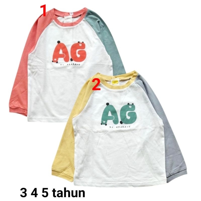 Baju kaos atasan lengan panjang anak laki perempuan Agabang 3 4 5 tahun putih raglan