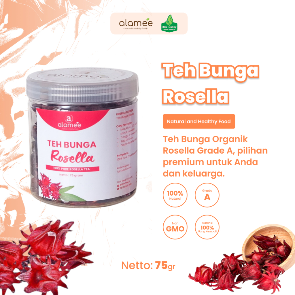 

ALAMEE Teh Bunga Rosella Kering Rosela Tea Flower Merah Premium Organik Red Toples 75gram