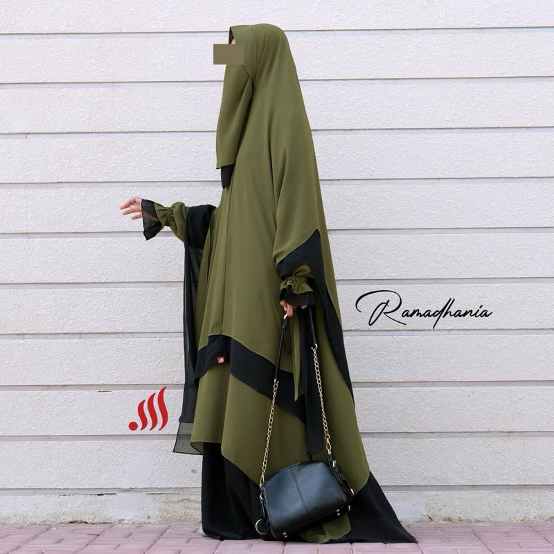 Set Setelan Gamis Ramadhania Sidra Khimar Jumbo Syari Muslimah Olive Army Mix Hitam