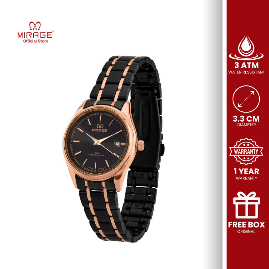 Mirage Jam Tangan Wanita Analog Hitam List Rosegold Elegant 8680 L Stainless Anti Karat Bergaransi