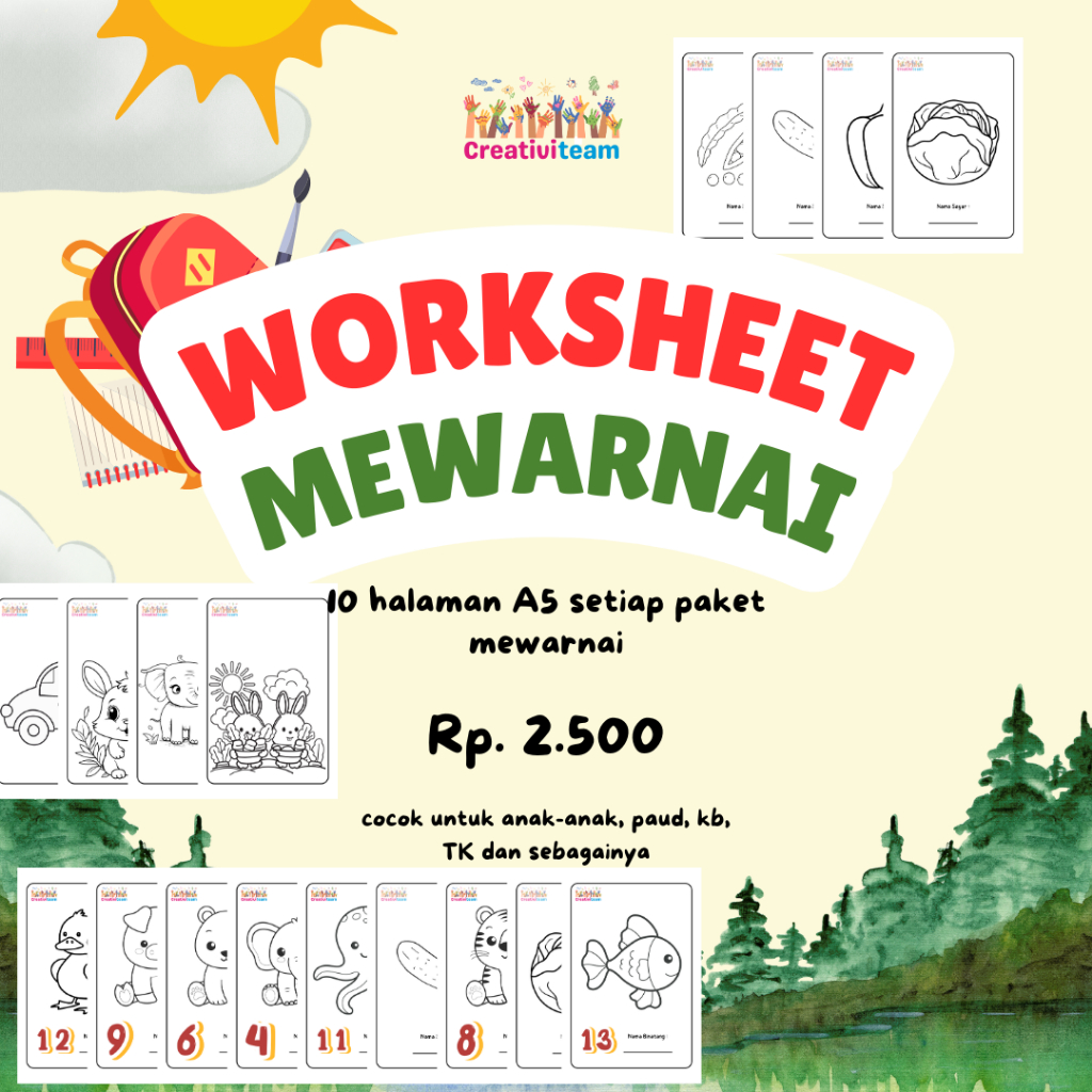 10 Halaman WORKSHEET LEMBAR MEWARNAI ANAK PAUD KELOMPOK BERMAIN DAN TK
