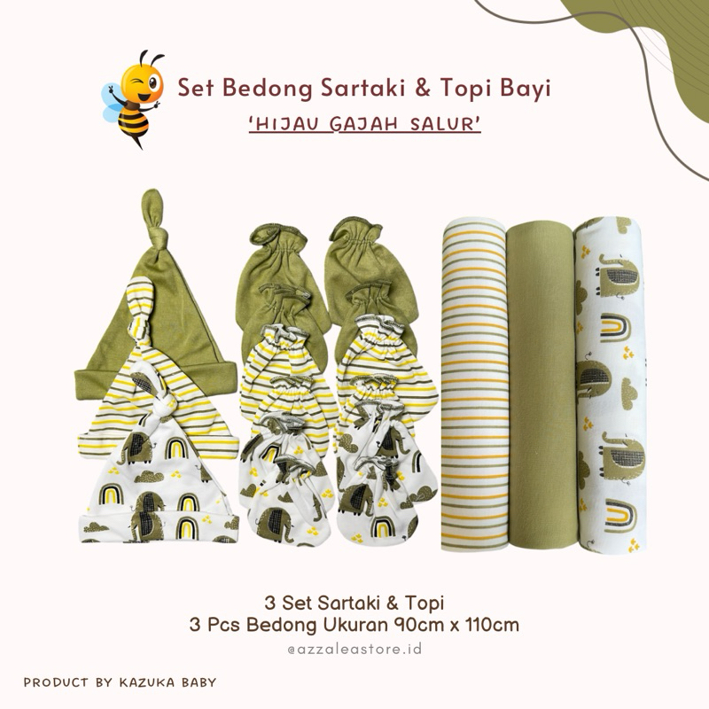 SNI - Set Bedong Sartaki & Topi Bayi Series HIJAU GAJAH / 3 Set Sarung Tangan Sarung Kaki Topi / 3 P