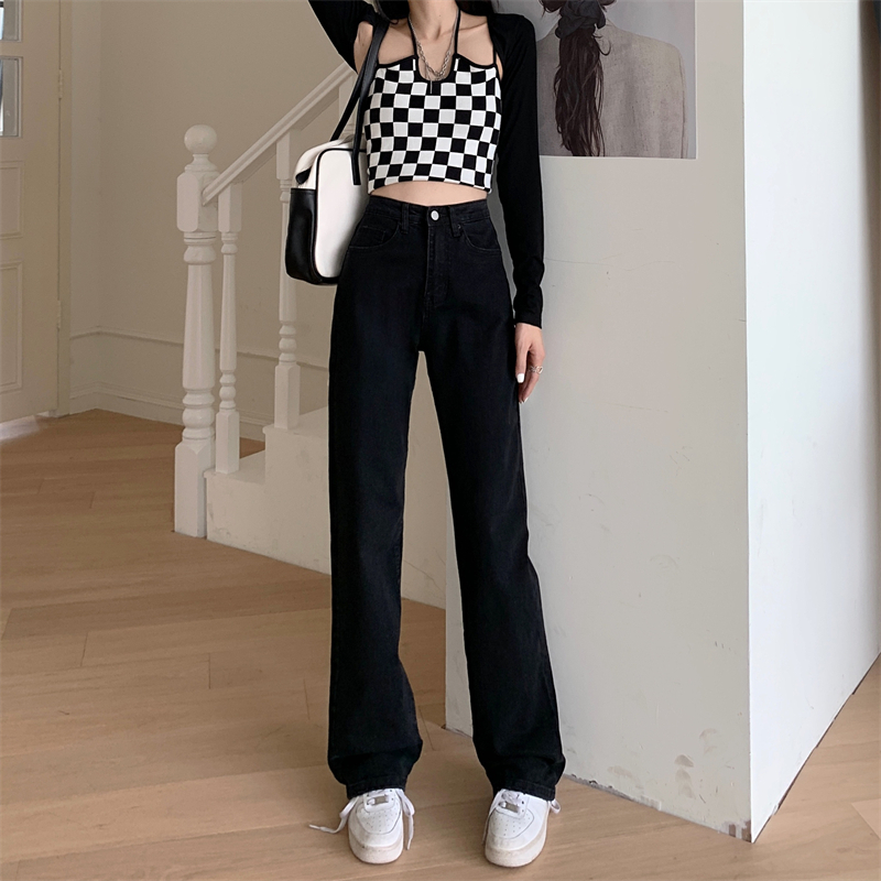 Celana Jeans Hitam Wanita Panjang Celana Jeans Lurus Longgar Polos Celana Kulot Korea