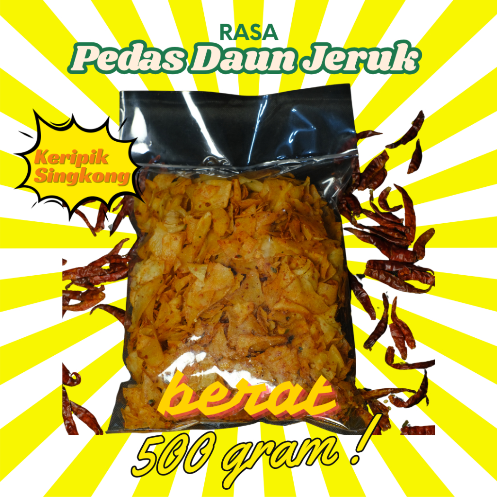 

Keripik singkong kriwil pedas daun jeruk kemasan 500 gram