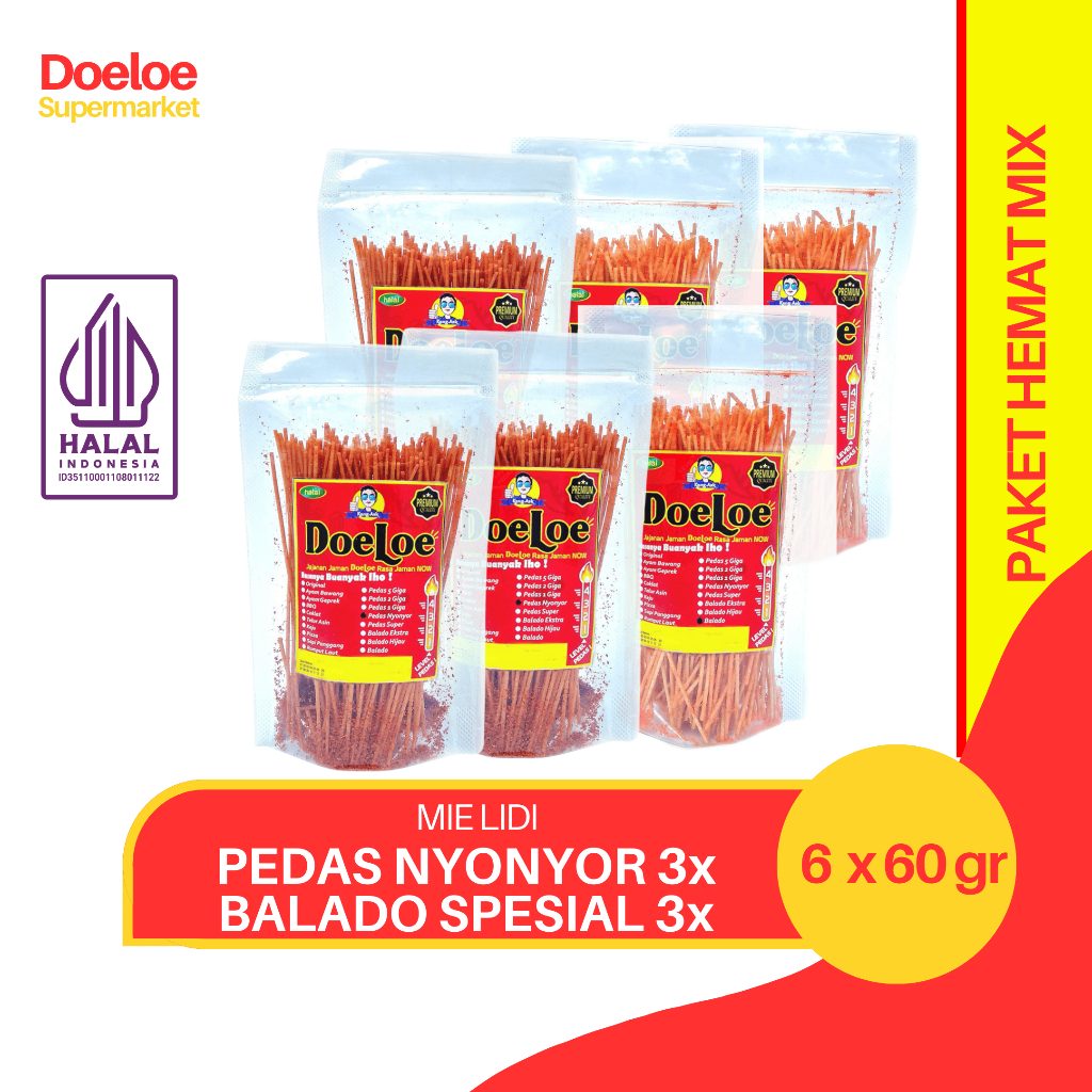 

(PAKET HEMAT MIX 6PCS) Doeloe Mie Lidi Rasa Pedas Nyonyor x Balado Sp 60gr x 6 Pcs