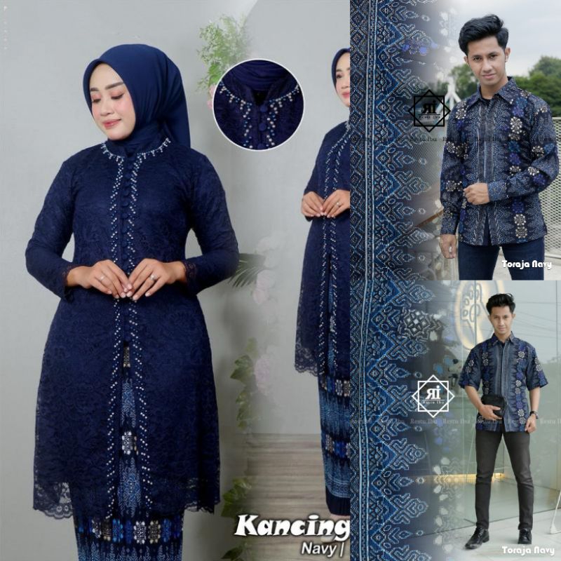 Couple Kebaya Tunik Brokat Kancing Payet Baju Pasangan Keluarga Ayah Anak Ibu Batik Toraja Navy