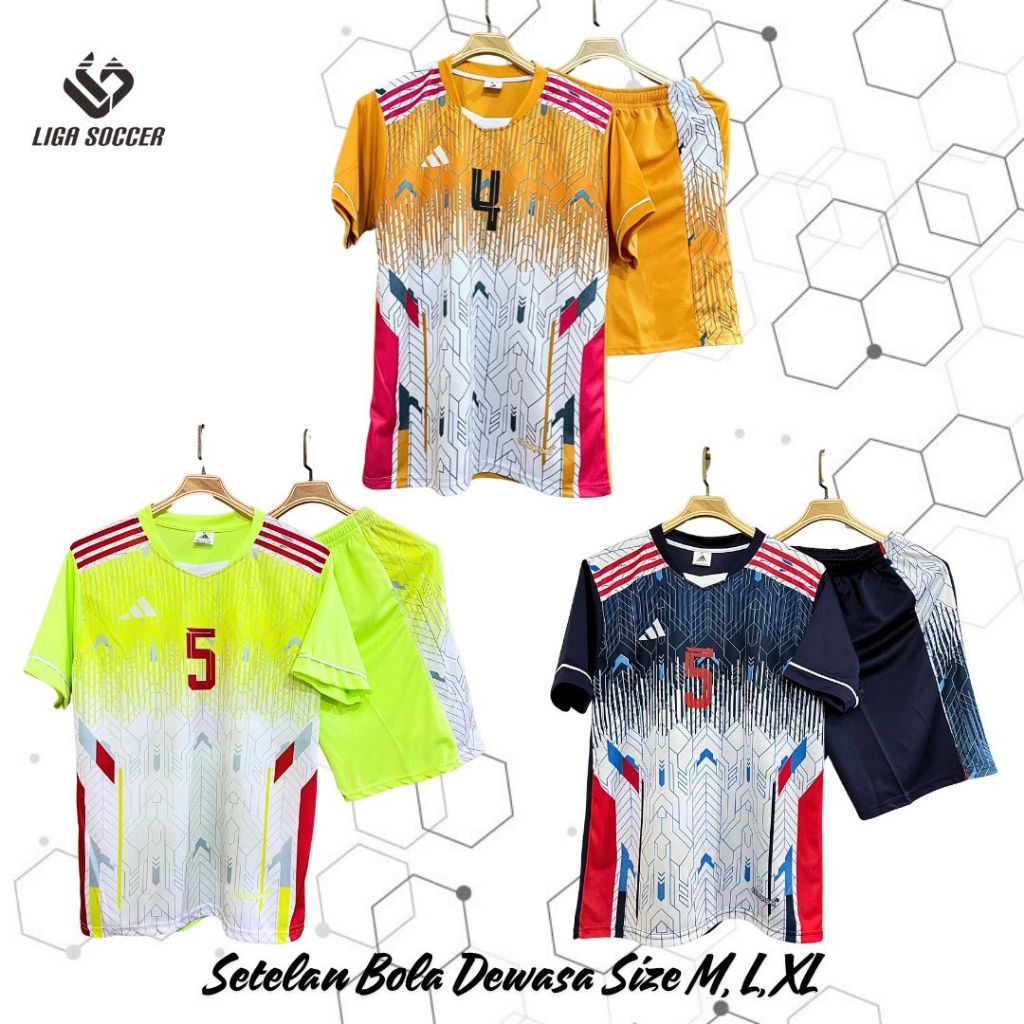 KOSTUM BOLA ORIGINAL LIGA SOCCER SETELAN SET 18 PRINTING, BAJU BOLA ISI 18 SETEL BERNOMOR