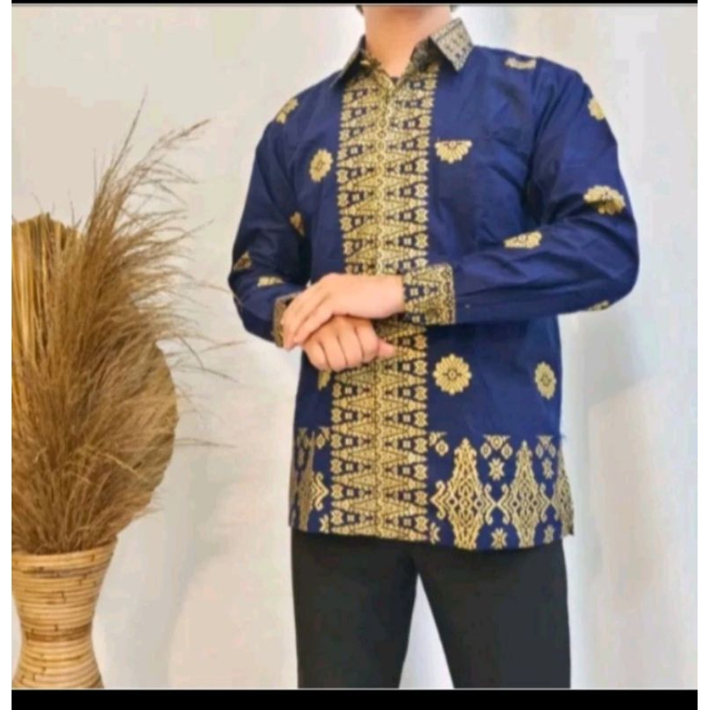 baju kemeja batik songket Palembang//lengan panjang//warna biru