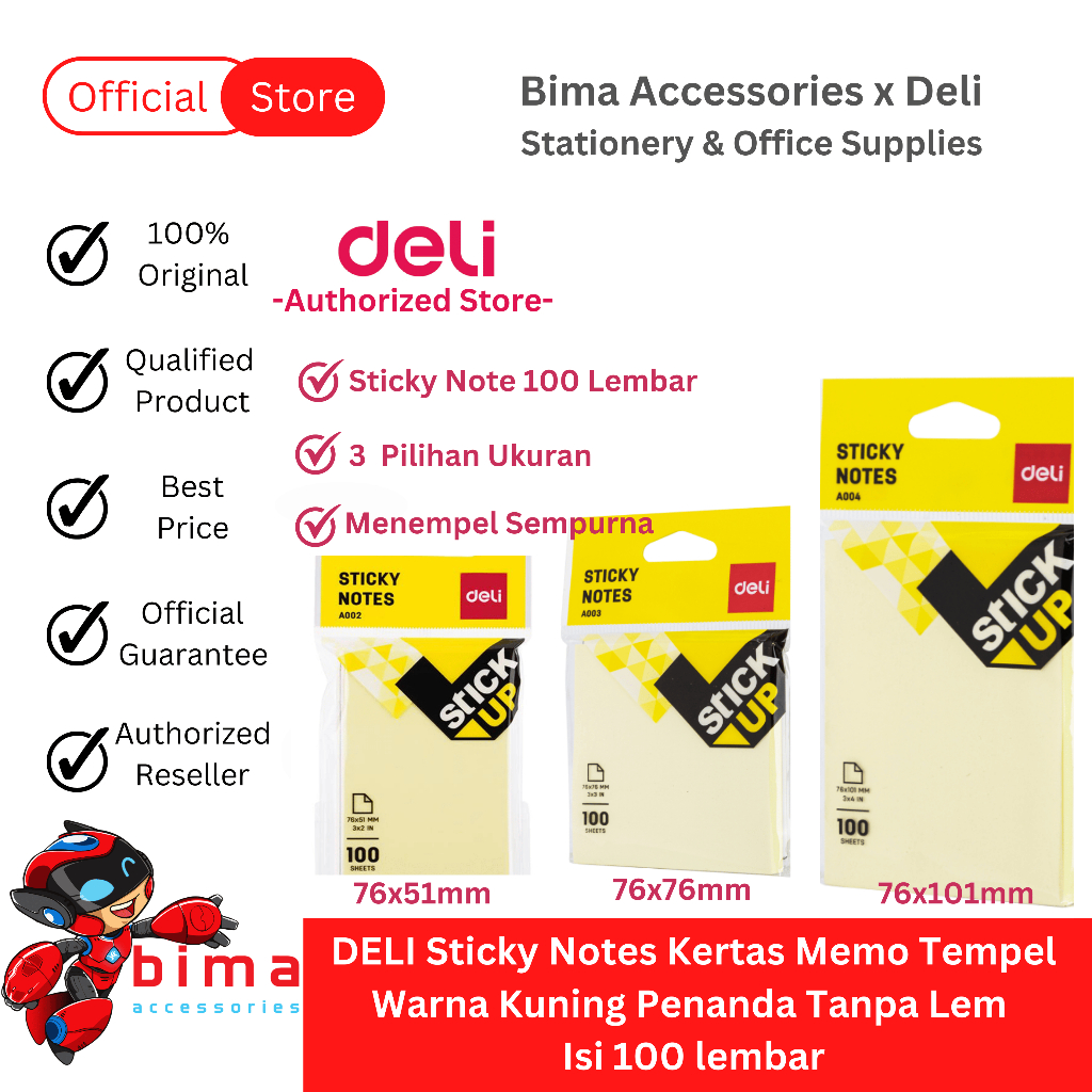 

DELI Sticky Note Notes Kertas Memo Tempel Warna Kuning Penanda Tanpa Lem Isi 100 lembar Ukuran 76mm