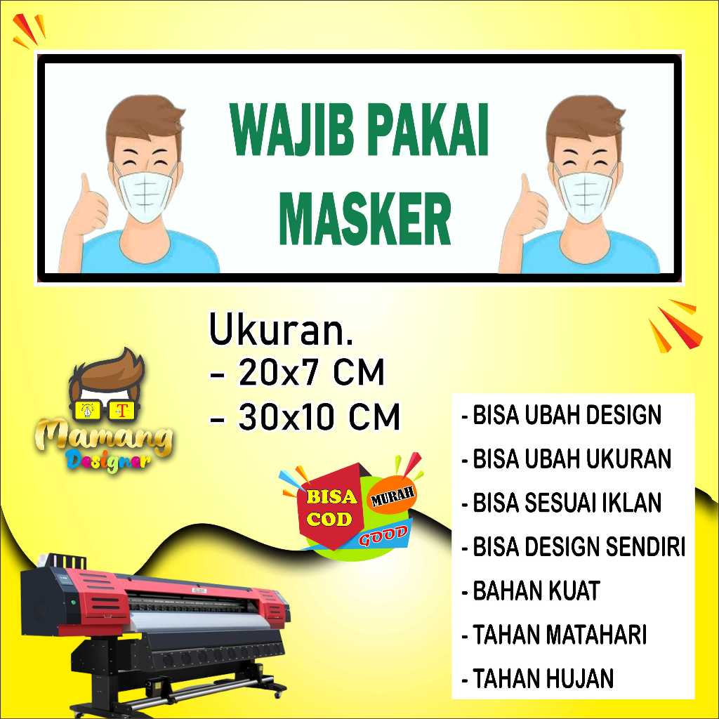 

Sticker Tempelan Dinding Wajib Pakai Masker Bahan Glosy Putih