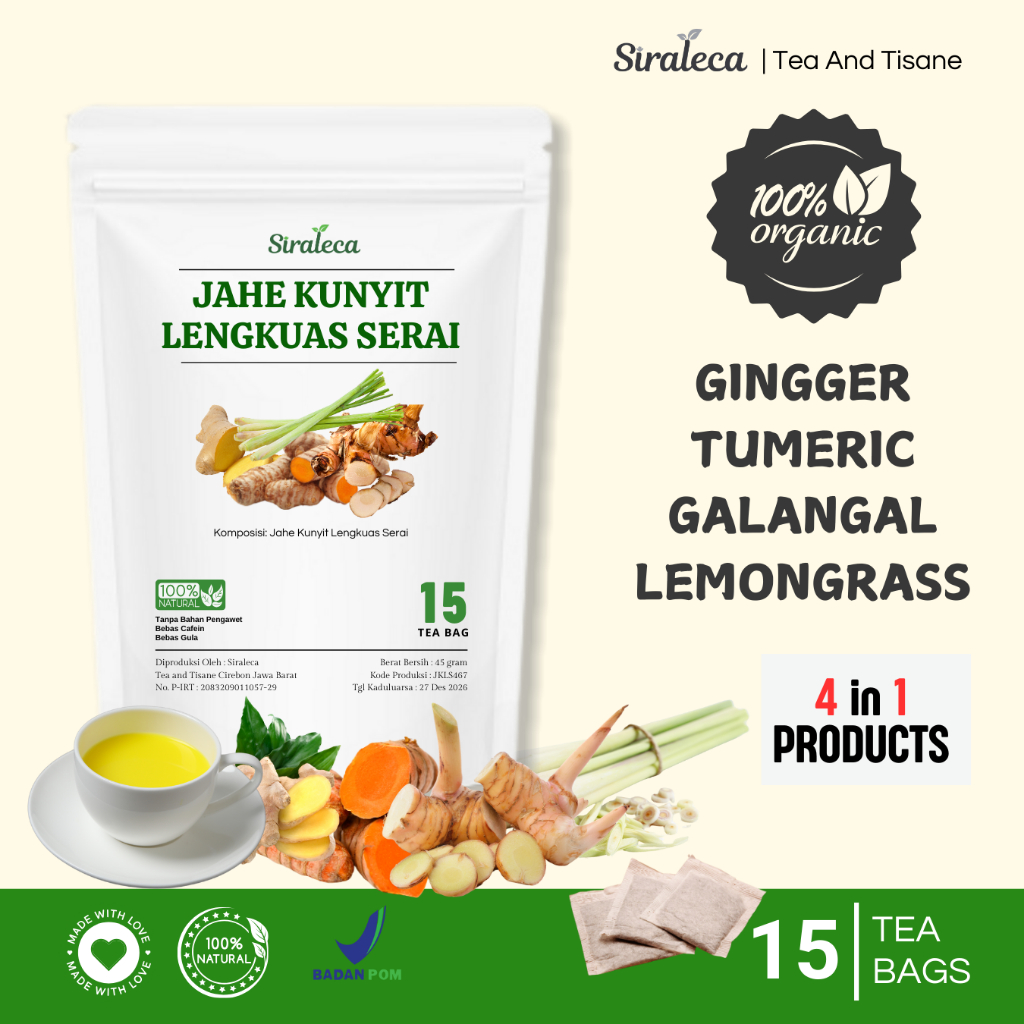 

SIRALECA TEA AND TISANE Teh Jahe Kunyit Lengkuas Serai Organik | Isi 15 Tea Bag | Rimpang Jsr