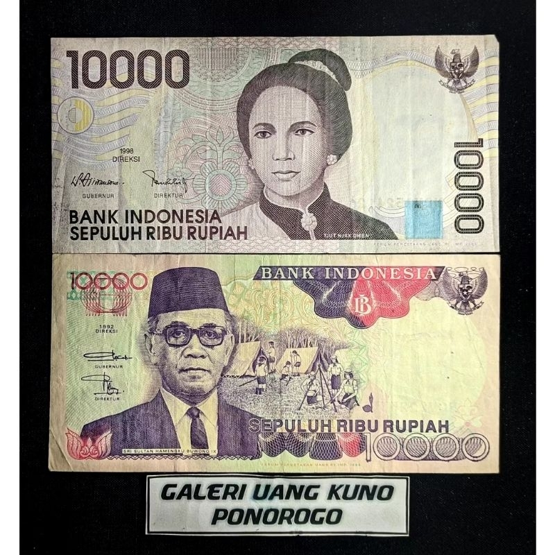 2 lembar uang kuno 10 ribu rupiah 10000 rupiah tahun 1992